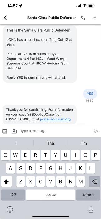 Example of text message reminders for court appearances