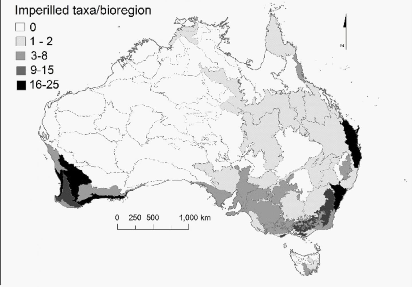 Location of Top 100 Imperilled Plants by Region