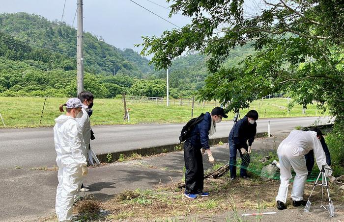 Team members examining contamination