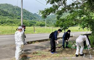 Team members examining contamination