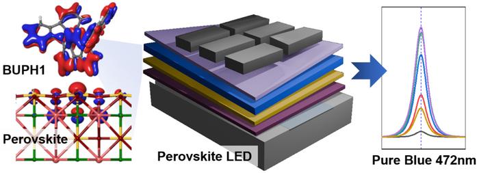 In-situ molecular passivation for spectrally stable pure-blue, vacuum-evaporated PeLEDs