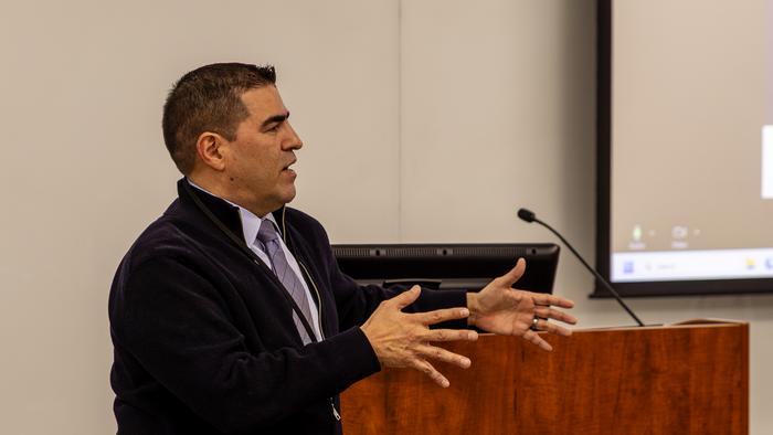 Jean Paul Allain, the associate director of Fusion Energy Sciences, gives opening remarks at the Princeton Plasma Physics Laboratory meeting on a national liquid metal research and development strategy on Jan. 22, 2026.