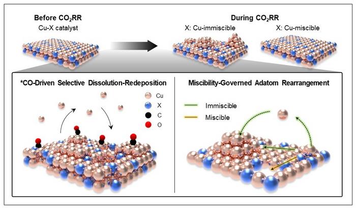 Figure 3: Schematic of the reconstruction mechanism governed by intermediate adsorption and metal miscibility.