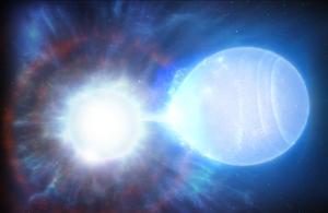 A digital illustration of the immense explosion of this double white dwarf binary star system, named WDJ181058.67+311940.94