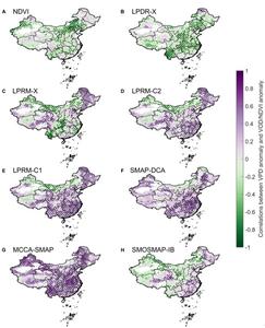 Correlations between the growing-season VPD anomaly and VOD anomalies in China for 2012 to 2022.