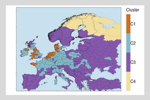This map shows nitrogen surplus in Europe, clustered into four categories.