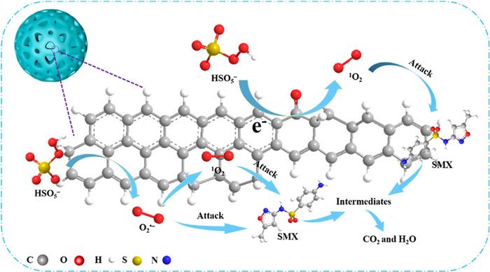 SCHEMATIC DIAGRAM OF SMX REMOVAL BY ACTIVATION OF PMS WITH LIGNIN-DERIVED CARBON. CREDIT: THE AUTHORS