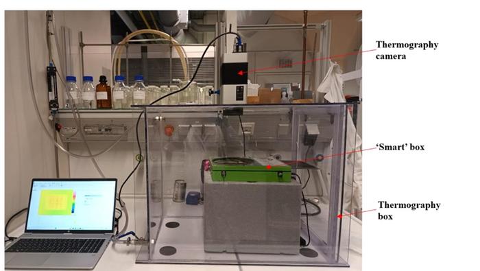 Measurement setup used for thermographic analysis of the peptide arrays, showing the thermography camera, the “smart” box containing the sample, and the surrounding thermography box.