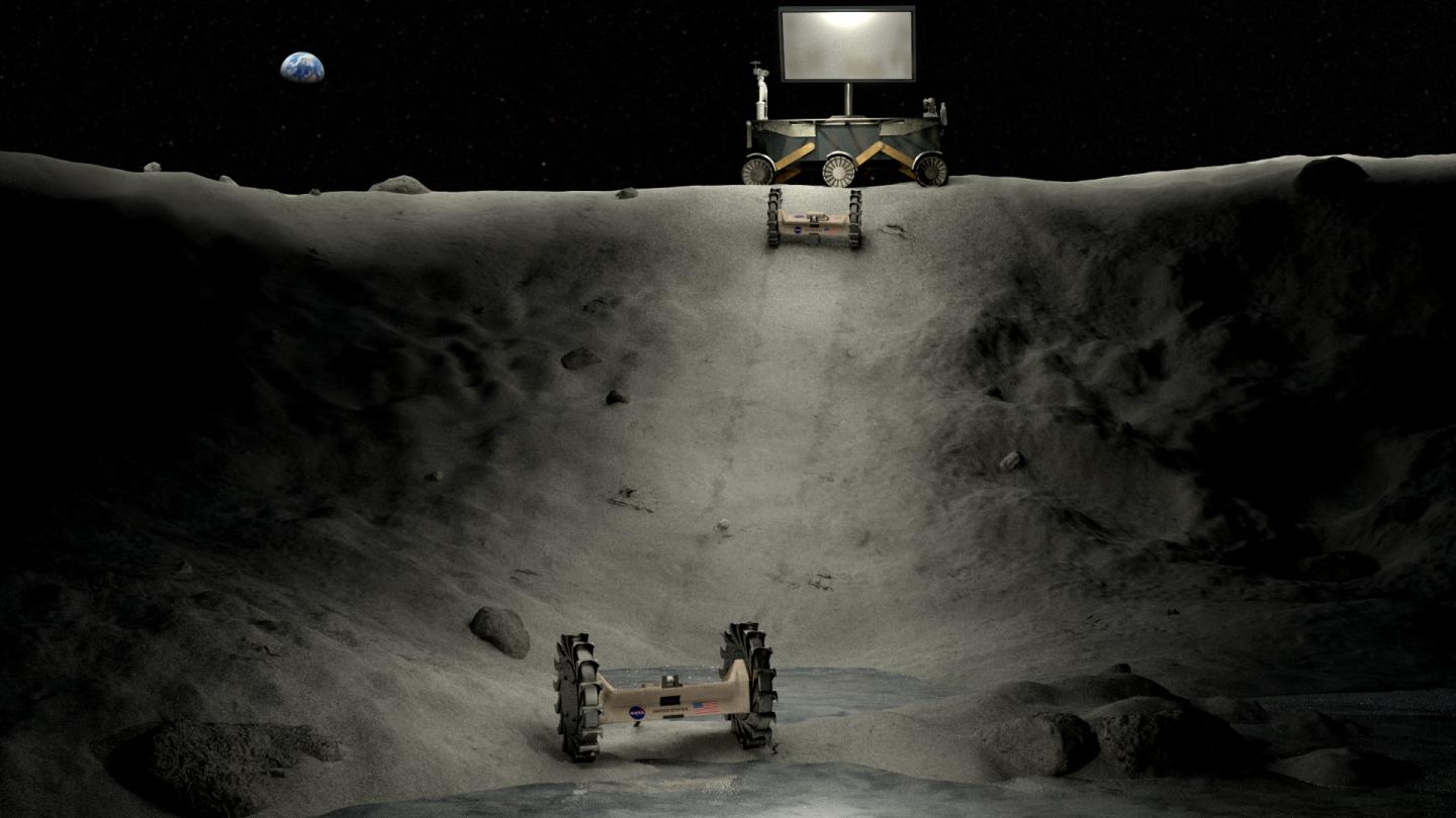 Illustration of Power, Lighting and Roving Concepts Operating in a Lunar Crater