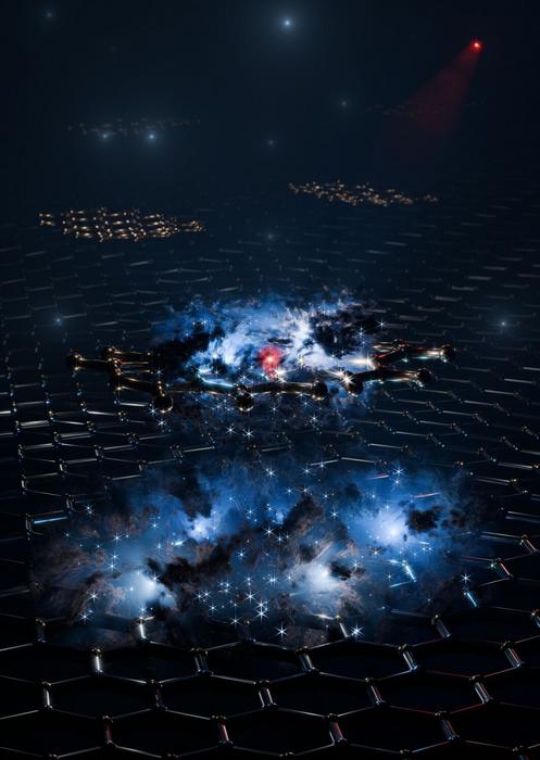 Artistic representation of the hybrid exciton wavefunction, with the electron shown in red and the hole distribution shown as a blue cloud