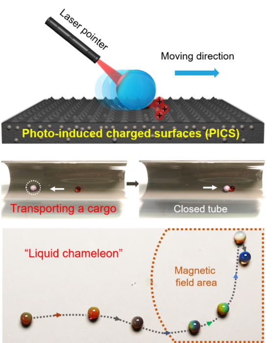 Schematic illustrations of light control of droplets