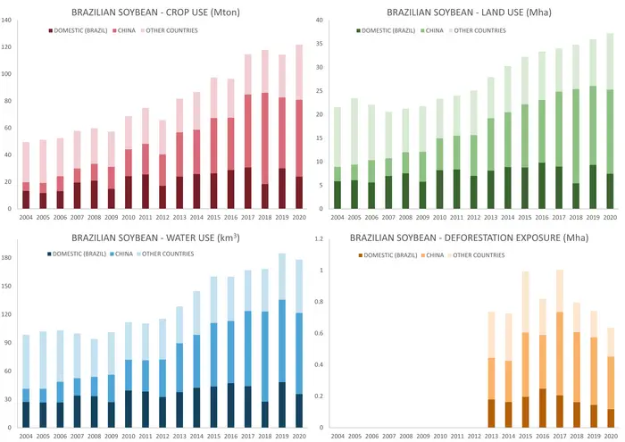 Distribution of the environmental impact of Brazilian soybean production between 2004 and 2020 destined for domestic consumption, China and other countries