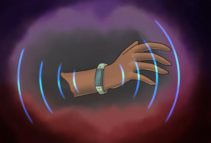 Illustration of a Bindi bracelet emitting an electronic wave.
