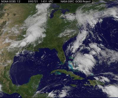 GOES Satellite Eyeing 2 Areas of Thunderstorms in Eastern Caribbean