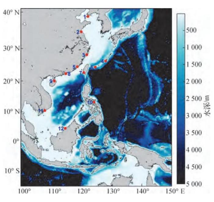 Model domain and locations of tide-gauge stations.