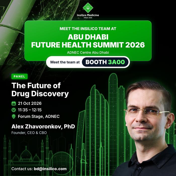 October 20–22, Abu Dhabi Insilico Medicine will make an appearance at the Abu Dhabi Future Health Summit, held at the Abu Dhabi National Exhibition Centre (ADNEC) from October 20 to 22, and will welcome visitors at Booth 3A00.