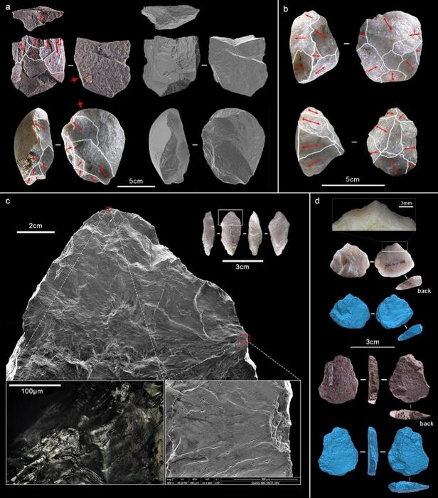 Cores and tools. (a) Core-on-flake; (b) Discoid core; (c) Tanged borer; (d) Backed borer