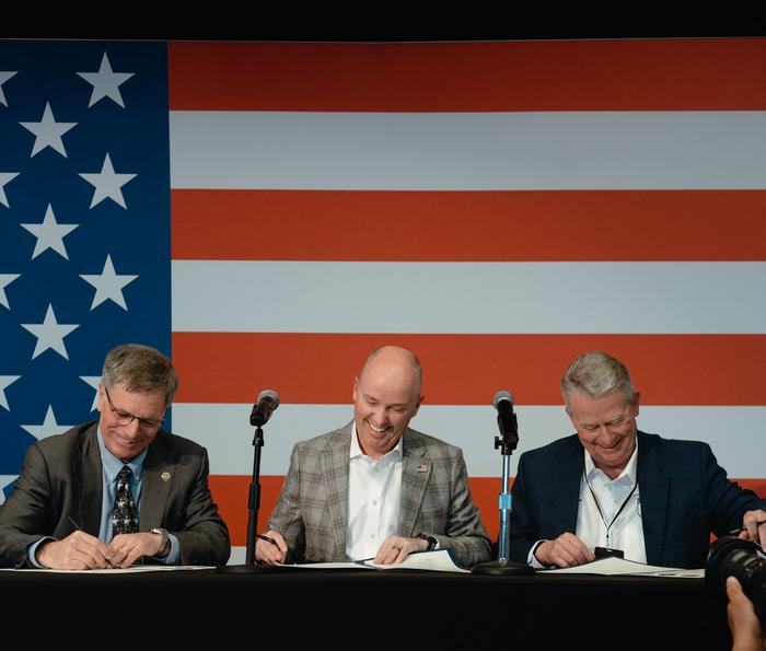 L-R: Wyoming Gov. Mark Gordon, Utah Gov. Spencer Cox and Idaho Gov. Brad Little sign tri-state agreement