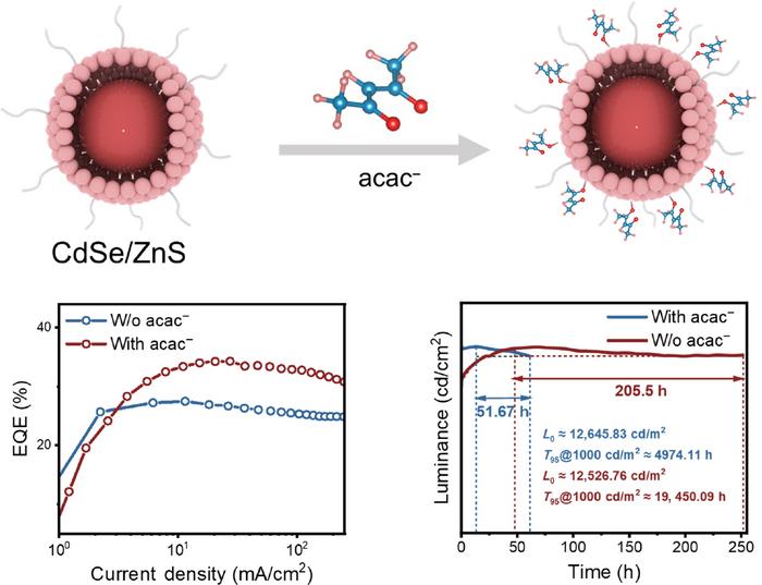 acac- surface reconstruction of CdSe/ZnS QDs enhances the efficiency and operational stability of QLEDs.