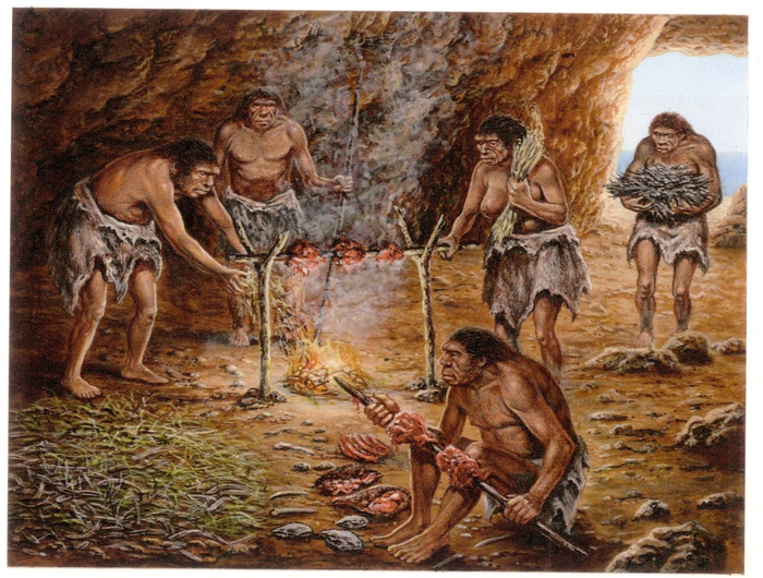 Reconstruction of meat roasting on campfire at the Lazaret Cave, France.