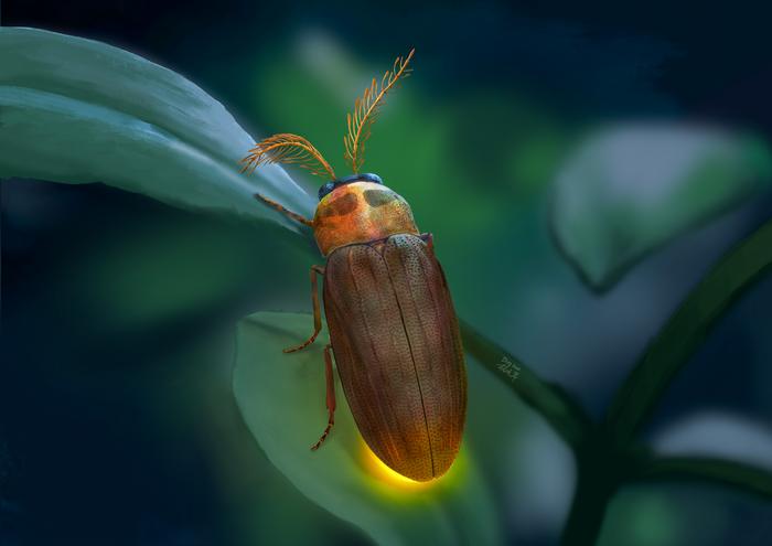 Ecological reconstruction illustrating luminous Icaroramus in a Cretaceous forest