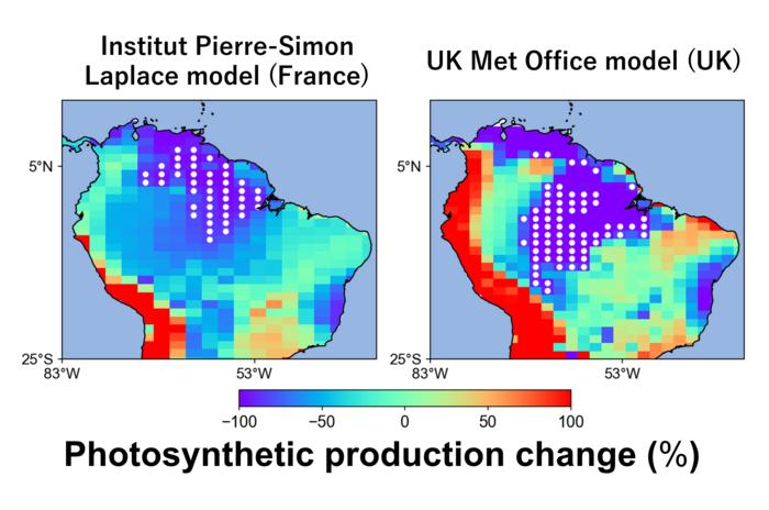 Localised Amazon dieback areas by selected Earth System Models.