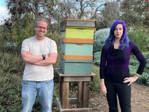 Sascha Nicklisch and Julia Fine with bee box
