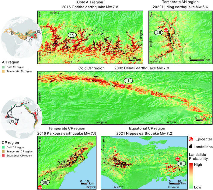 Landslide prediction for the exemplified major earthquake event in each region.