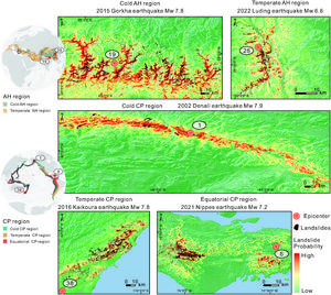 Landslide prediction for the exemplified major earthquake event in each region.