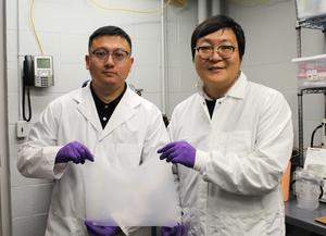 Dr. Youchao Teng (left) and Dr. Yimin Wu display some of the new gel material they developed to help heal soft-tissue injuries.