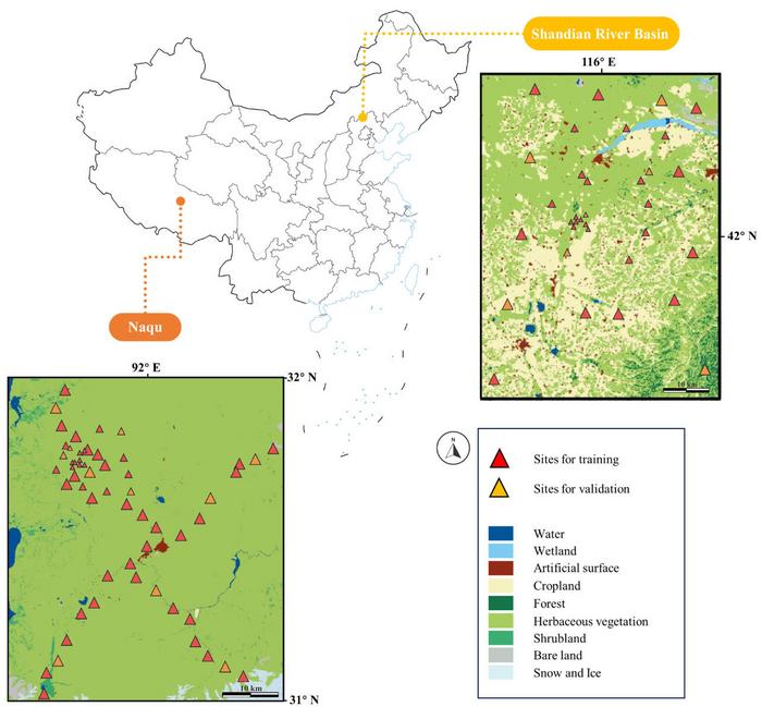 The study areas, the land cover types, and measurement sites in the Shandian River Basin and Naqu.