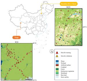 The study areas, the land cover types, and measurement sites in the Shandian River Basin and Naqu.