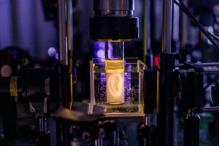 Holographic projection of a human ear model on a sample vial. 2026 Adrien Buttier/EPFL CC BY SA