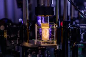 Holographic projection of a human ear model on a sample vial. 2026 Adrien Buttier/EPFL CC BY SA