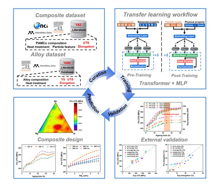 The training framework and material design of the PAMCs-MP model, including PAMCs dataset construction, transfer learning model architecture, model performance validation, and property prediction design