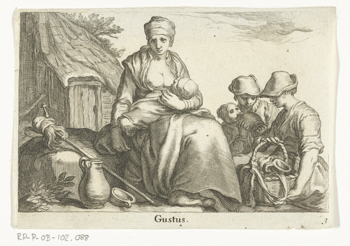 A farmer’s wife breastfeeds her baby while two other women give water to a child from a pitcher.