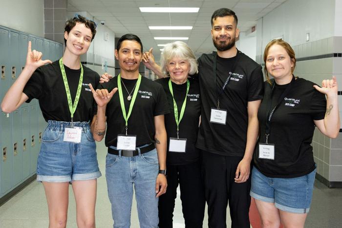 UTA UTeach graduates Lauren Adams, Jaime Govea, Victor Cervantes and Amanda Benson with Dr. Matsler, center