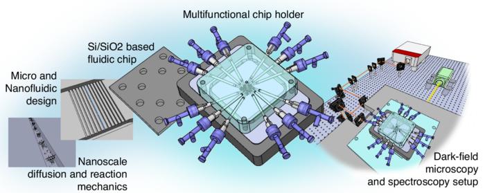 A temperature-controlled chip holder with integrated electrodes for nanofluidic scattering spectroscopy on highly integrated nanofluidic systems.