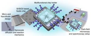 A temperature-controlled chip holder with integrated electrodes for nanofluidic scattering spectroscopy on highly integrated nanofluidic systems.