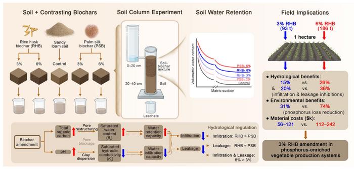 Contrasting effects of rice husk and palm silk biochars on water infiltration and leakage in a phosphorus-enriched sandy-loam vegetable soil
