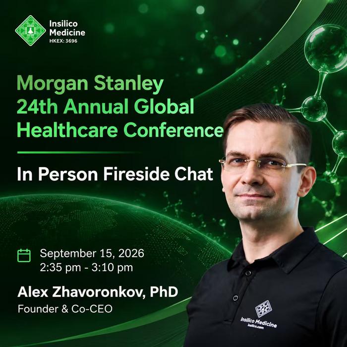 Dr. Alex Zhavoronkov, Founder and CEO of Insilico Medicine, will attend the Morgan Stanley 24th Annual Global Healthcare Conference in New York from September 14 to 16.
