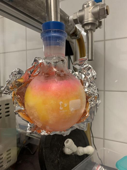 The photo shows a flask containing fluorescently labeled glutathione.