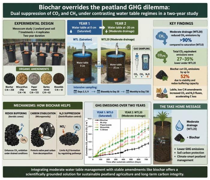 Biochar mitigates the peatland GHG dilemma under contrasting water table regimes: phase-dependent responses of CO2 and CH4 over a two-year study