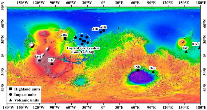 The locations of the counting areas in different geological units considered in this study.