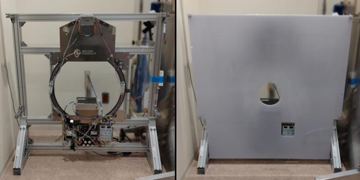 Figure 1. Internal configuration (left) and external appearance with the front panel attached (right) of the ultra-high-resolution X-ray CT system.