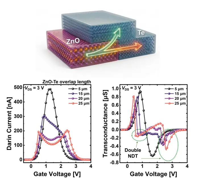 Structure of the ZnO–Te heterojunction device and double NDT, D-NDT, characteristics that generate double current peaks within a single device through control of the geometric overlap length.