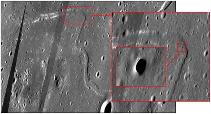 Fig. 1. Lava tube skylight in the Marius Hills with views progressing from the entire lunar rille to the entrance and the skylight.