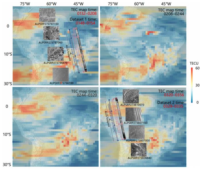 Fig. 2. Four GNSS-TEC maps simultaneously with the PALSAR data and PALSAR observation geometry over South America in UTC 2011-03-16 from 0132 to 0356 UTC.