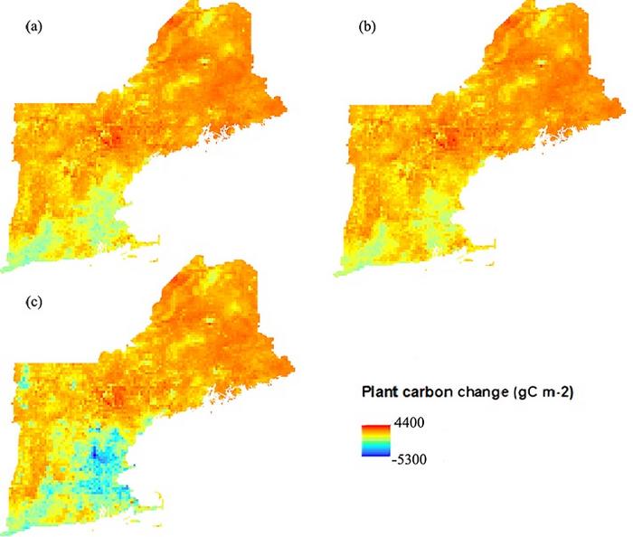 Figure 1. Spatial change in plant carbon storage (g C m-2) under Constant Trends (a), Yankee Cosmopolitan (b), and Growing Global (c) future land cover scenarios under the RCP8.5 and CES40B scenario in 2050 compared to values in 2020.