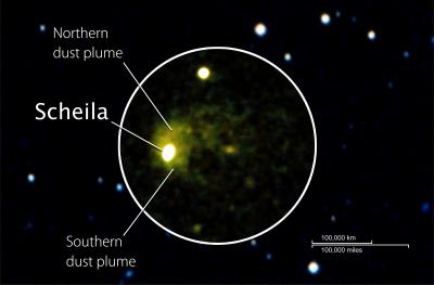 Faint Dust Plumes Bookend Asteroid (596) Scheila,